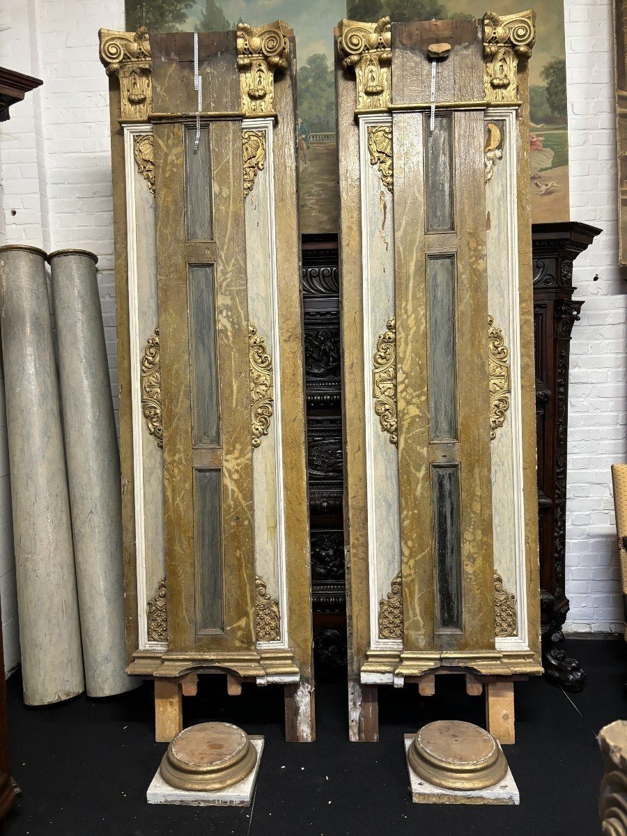 Pair Of Large Columns / Paneling With Corinthian Wooden Capitals 18th Century.-photo-5