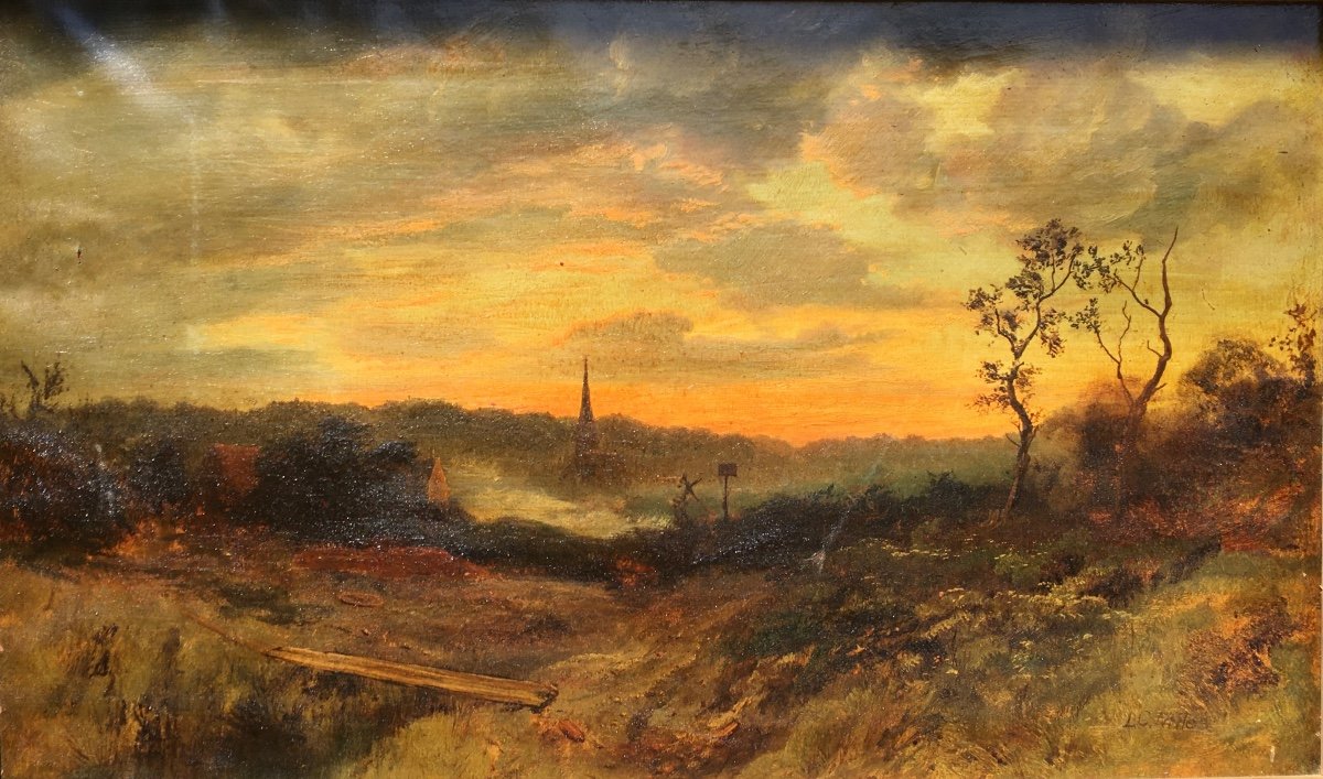 Paysage Atmosphérique Du Soir, Huile Sur Toile 78x48 Cm 19e Siècle -photo-2