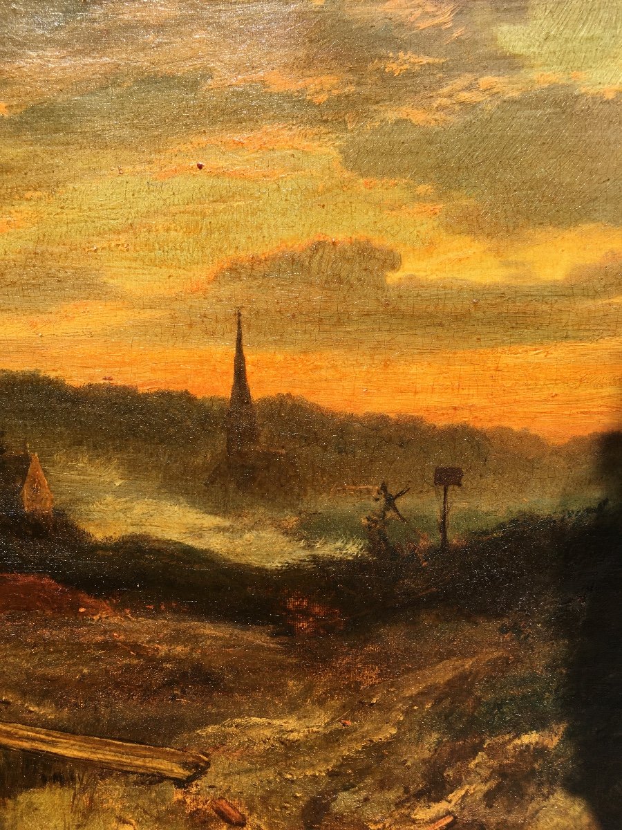 Paysage Atmosphérique Du Soir, Huile Sur Toile 78x48 Cm 19e Siècle -photo-4