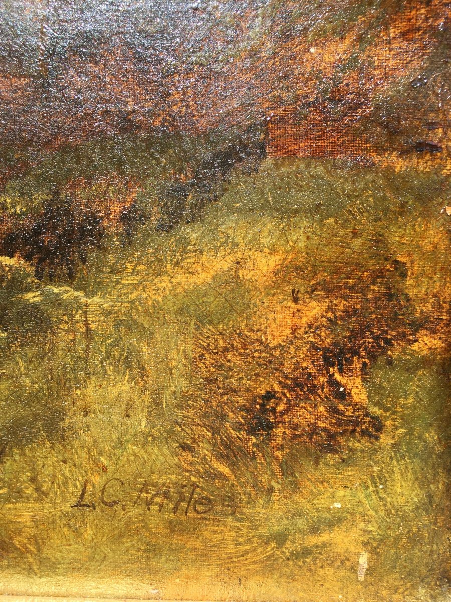 Paysage Atmosphérique Du Soir, Huile Sur Toile 78x48 Cm 19e Siècle -photo-3