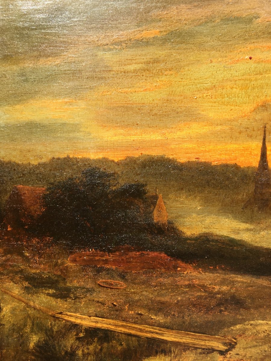 Paysage Atmosphérique Du Soir, Huile Sur Toile 78x48 Cm 19e Siècle -photo-4