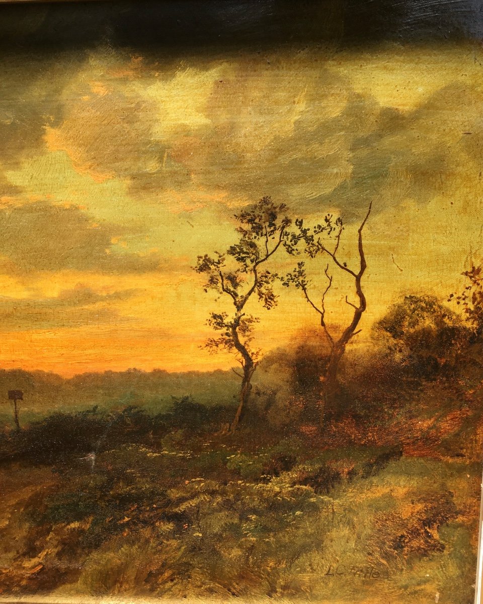 Paysage Atmosphérique Du Soir, Huile Sur Toile 78x48 Cm 19e Siècle -photo-6