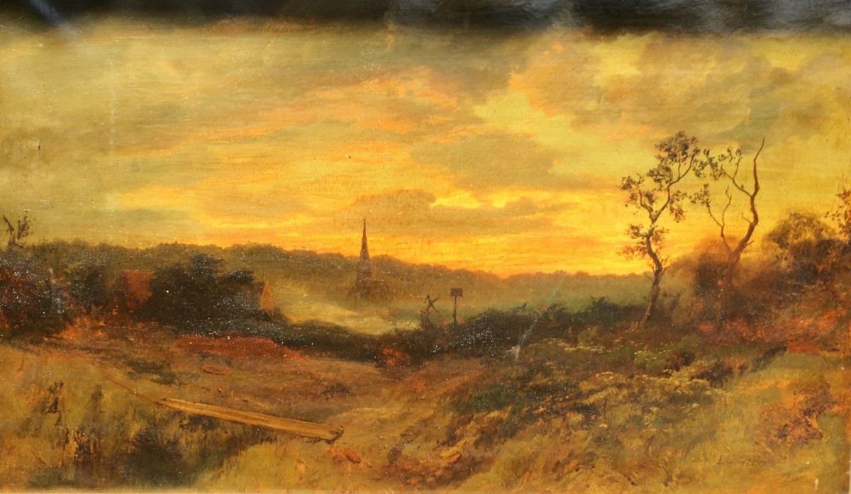 Paysage Atmosphérique Du Soir, Huile Sur Toile 78x48 Cm 19e Siècle -photo-7