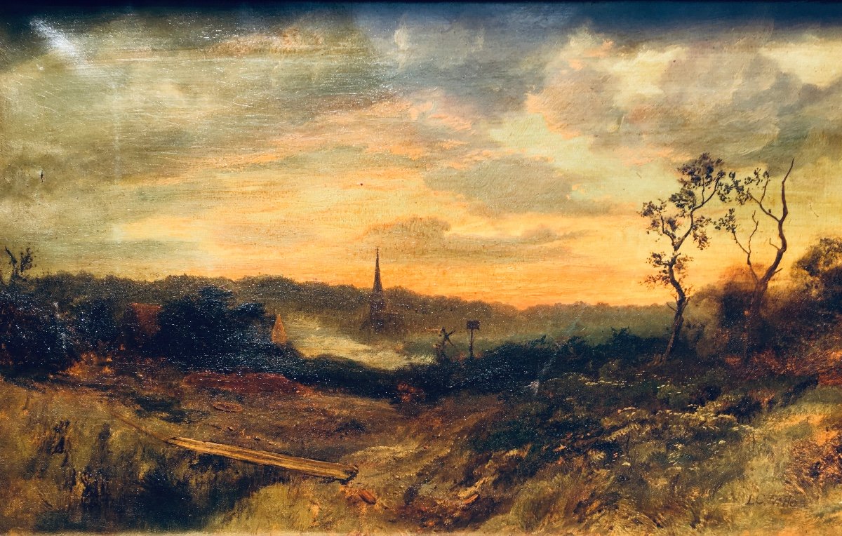 Paysage Atmosphérique Du Soir, Huile Sur Toile 78x48 Cm 19e Siècle 