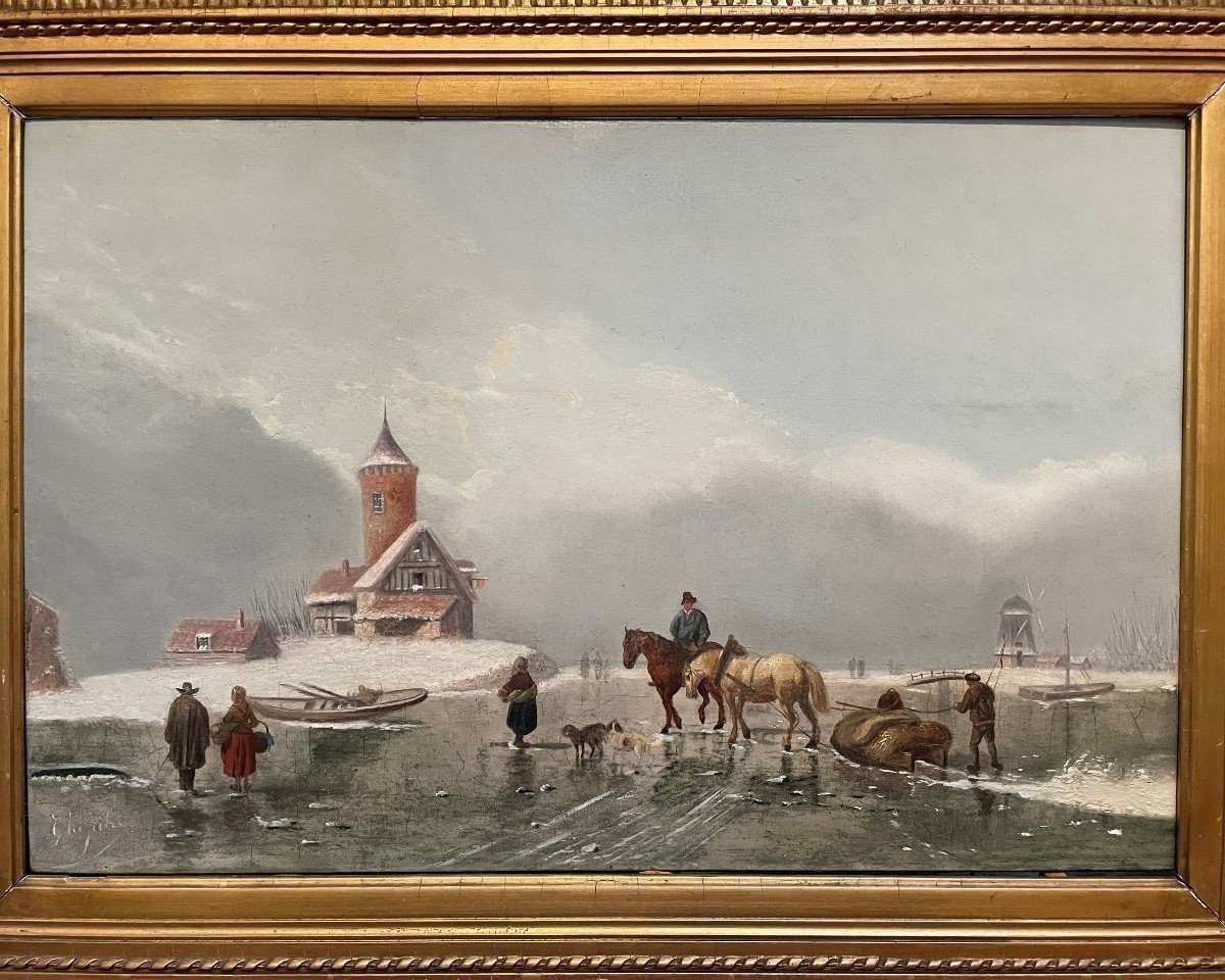 Painting Winter Landscape "on The Ice" Oil On Panel 19thc.-photo-3