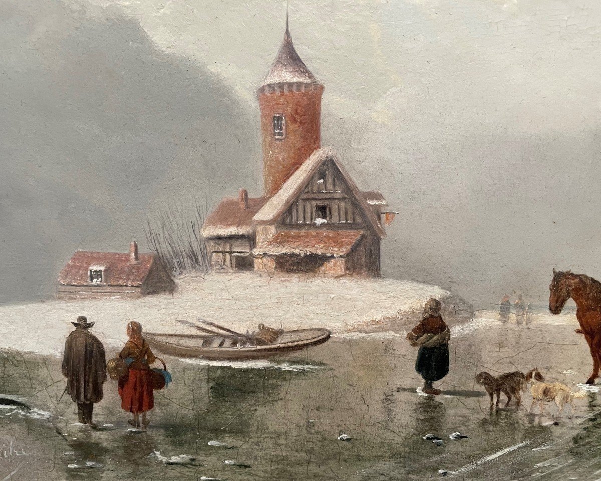 Painting Winter Landscape "on The Ice" Oil On Panel 19thc.-photo-1