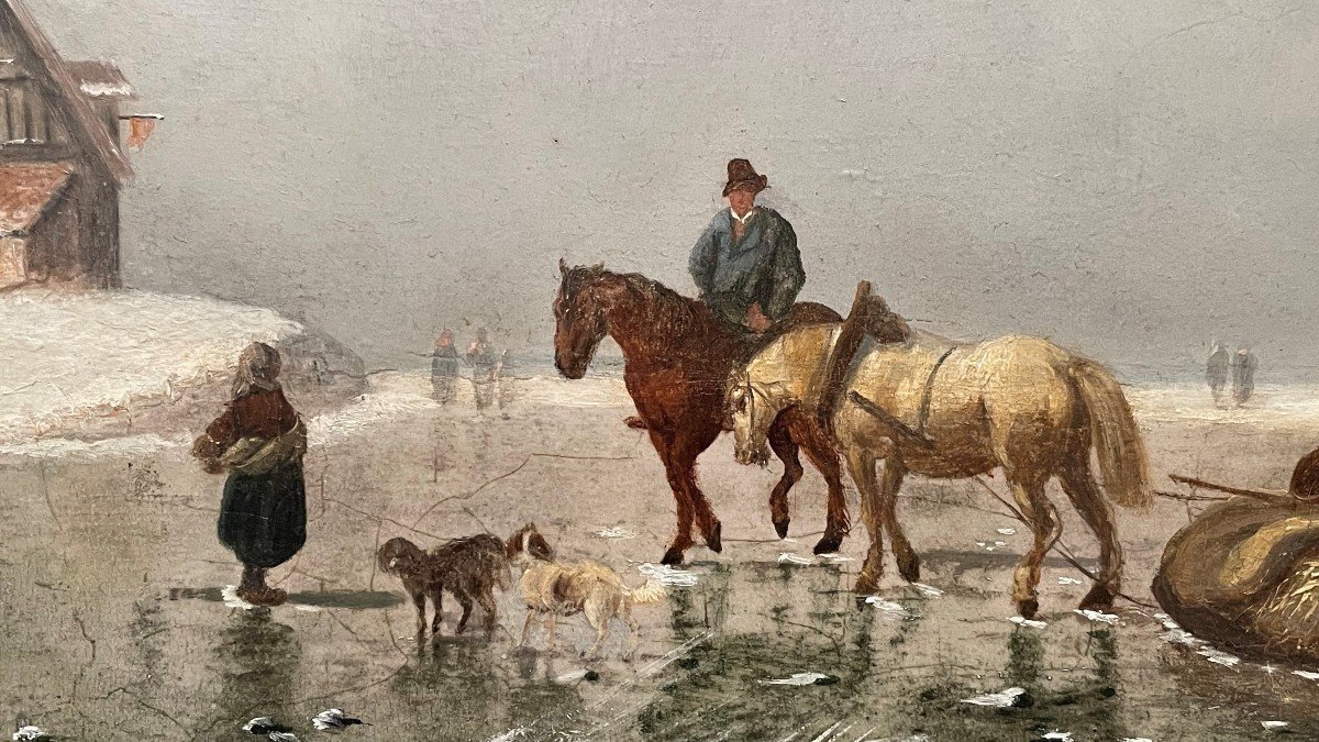 Painting Winter Landscape "on The Ice" Oil On Panel 19thc.-photo-6