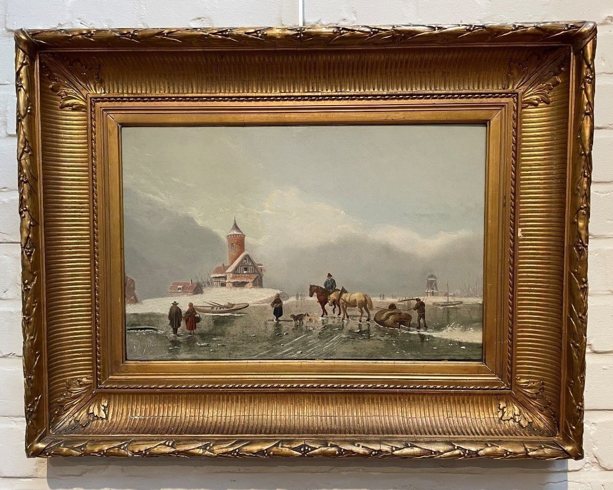 Painting Winter Landscape "on The Ice" Oil On Panel 19thc.