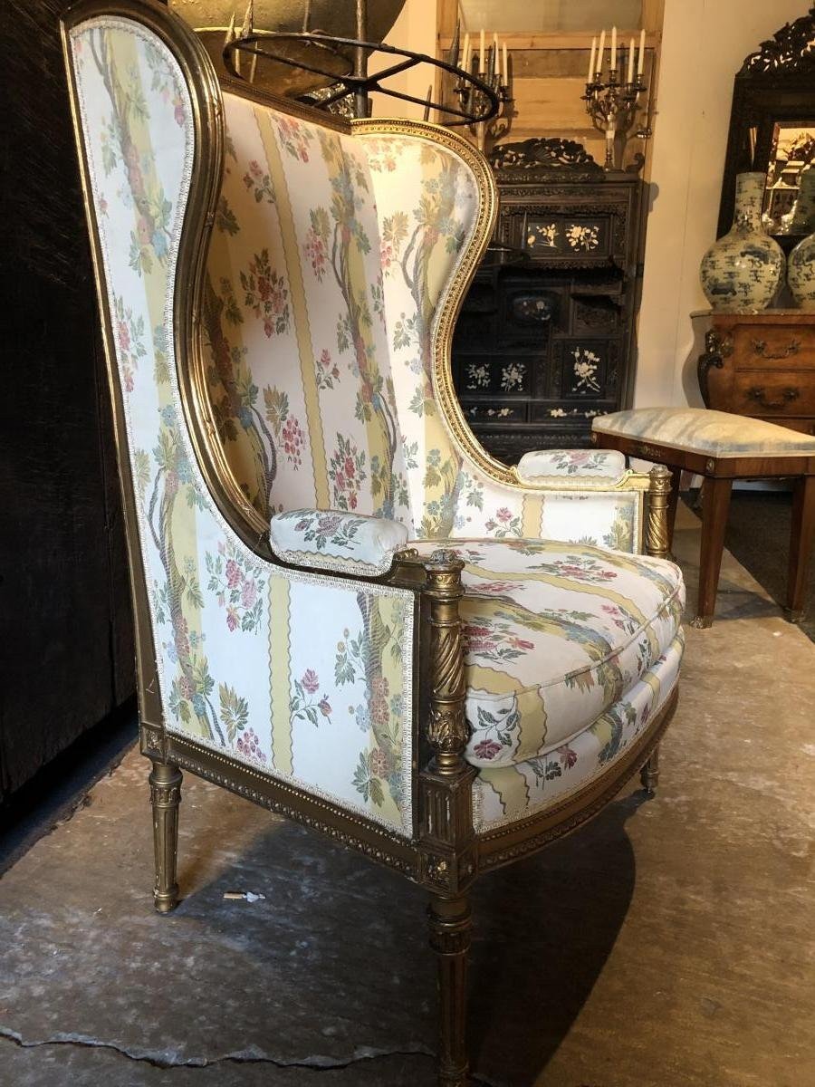 Grande Bergère De Style Louis XVI En Bois Doré, 19ème.-photo-2