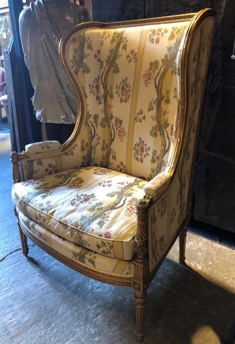 Grande Bergère De Style Louis XVI En Bois Doré, 19ème.-photo-3