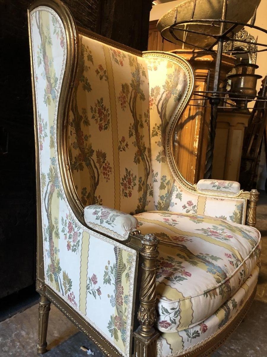 Grande Bergère De Style Louis XVI En Bois Doré, 19ème.-photo-3