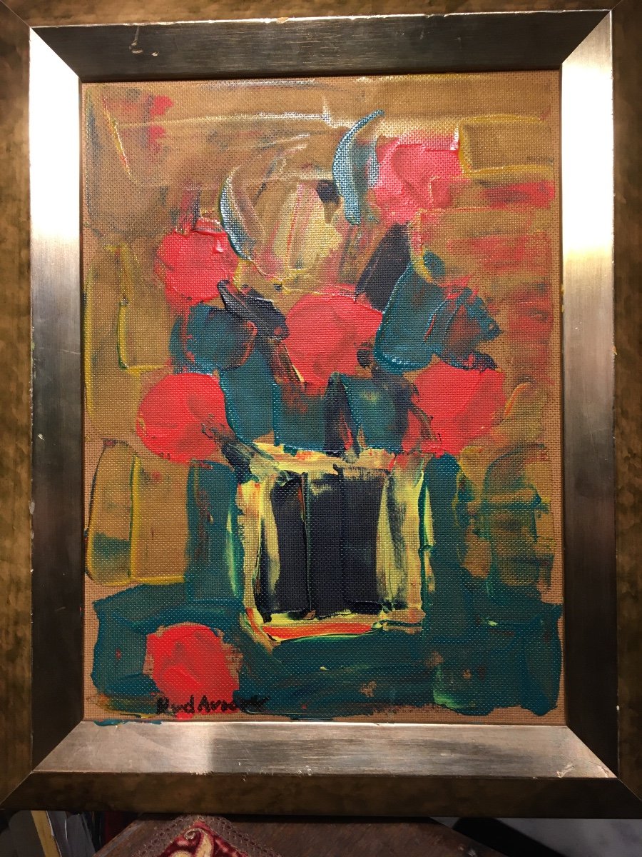 Painting Black Vase With Flowers On Panel.-photo-8