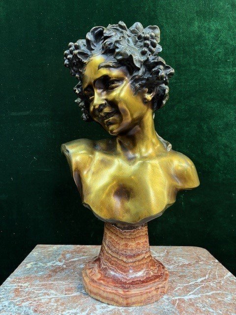 Charmant Buste « Bacchus » En Bronze Signé Par Nelson 19ème.-photo-2