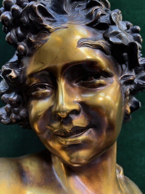 Charmant Buste « Bacchus » En Bronze Signé Par Nelson 19ème.-photo-3