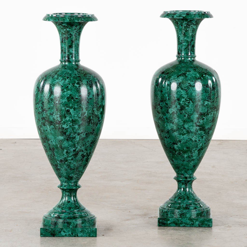 Pair Of Large 20th Century Imitation Malachite Painted Vases.-photo-2