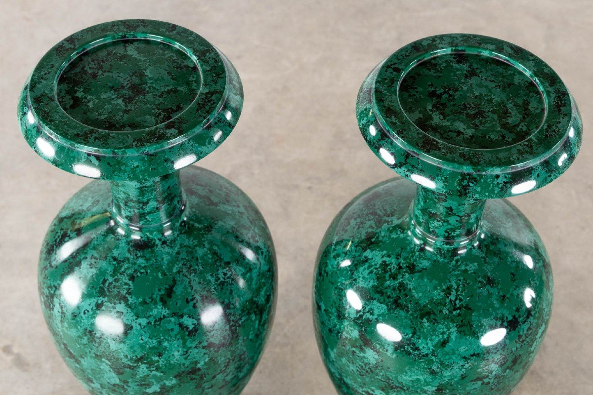 Pair Of Large 20th Century Imitation Malachite Painted Vases.-photo-3