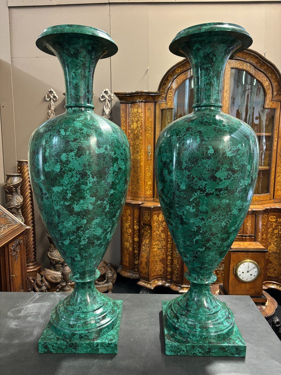 Pair Of Large 20th Century Imitation Malachite Painted Vases.-photo-1