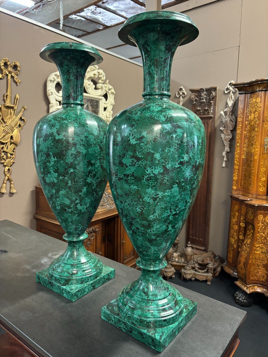 Pair Of Large 20th Century Imitation Malachite Painted Vases.-photo-3