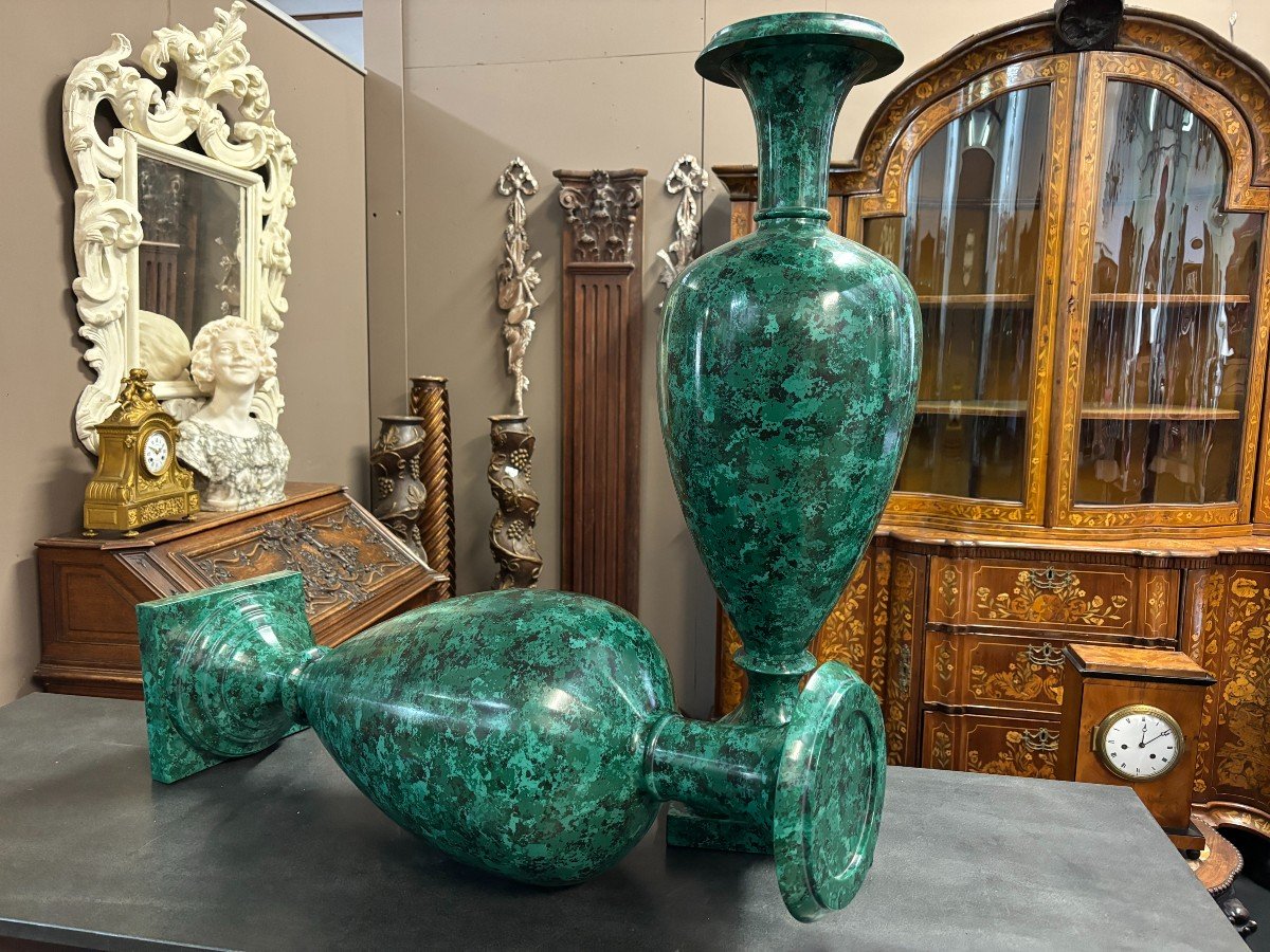 Pair Of Large 20th Century Imitation Malachite Painted Vases.-photo-6