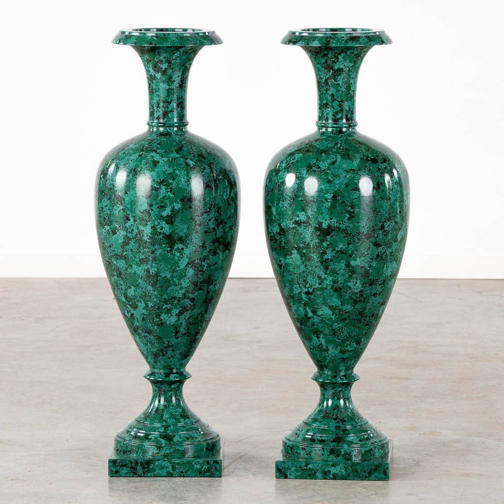 Pair Of Large 20th Century Imitation Malachite Painted Vases.