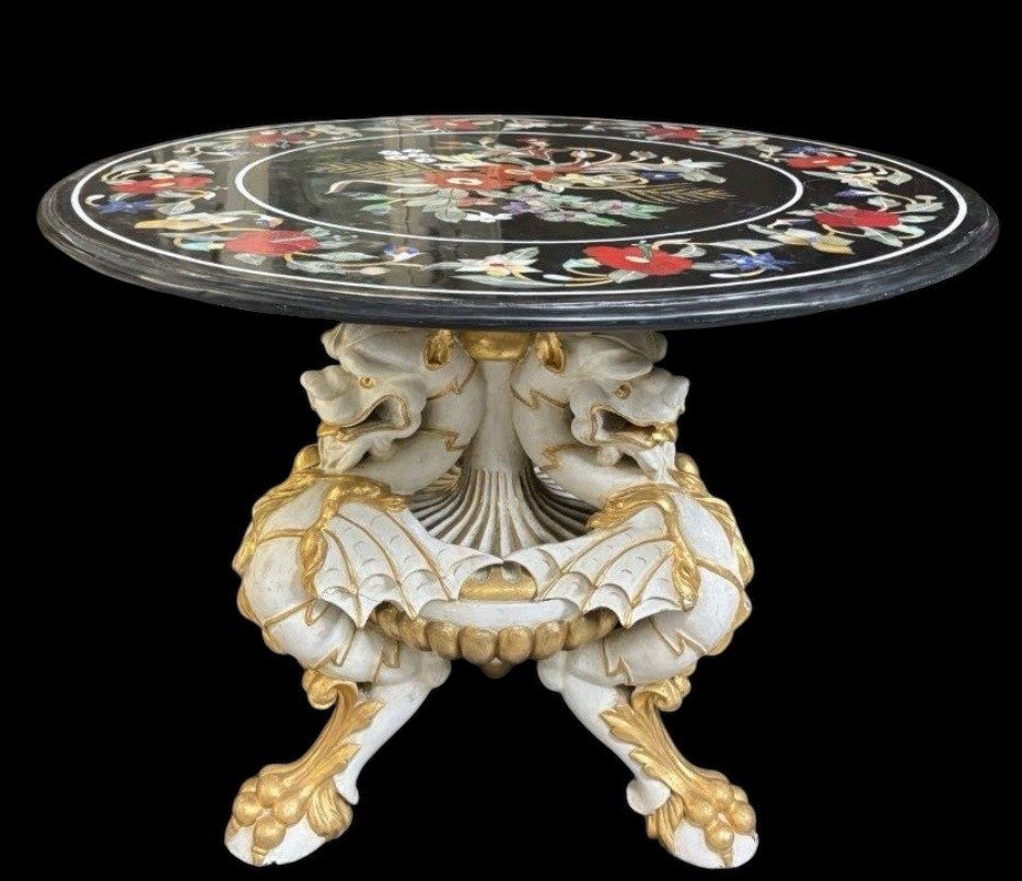 Beautiful Gueridon With Inlaid Marble Top On Special Wooden Base. -photo-2