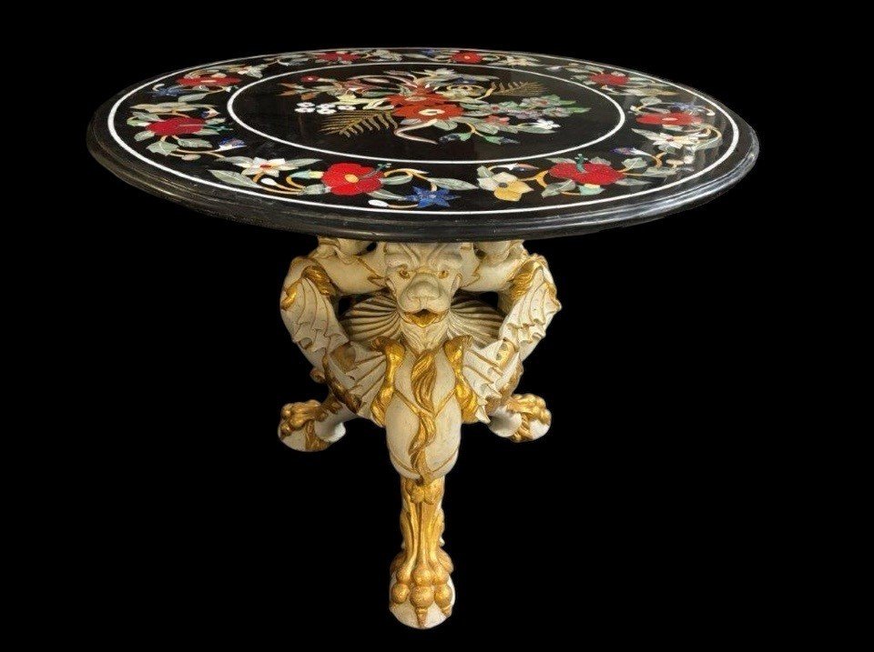 Beautiful Gueridon With Inlaid Marble Top On Special Wooden Base. 