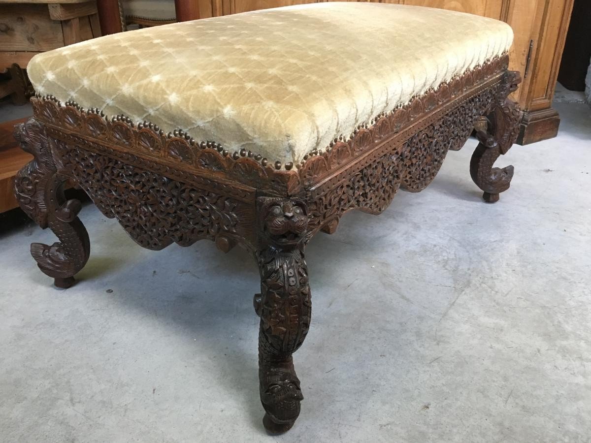 Large Burmese Stool In Carved Wood, 19th Century.-photo-2