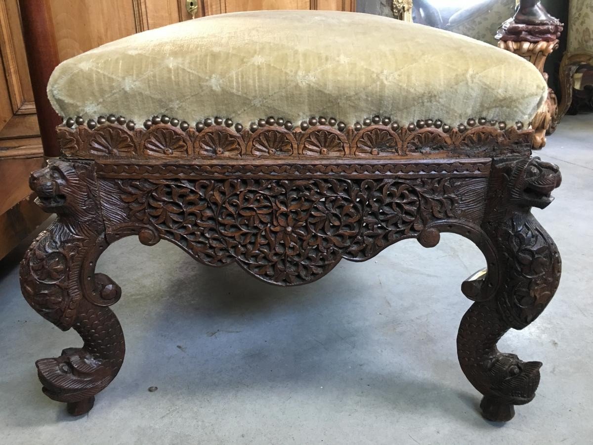 Large Burmese Stool In Carved Wood, 19th Century.-photo-3