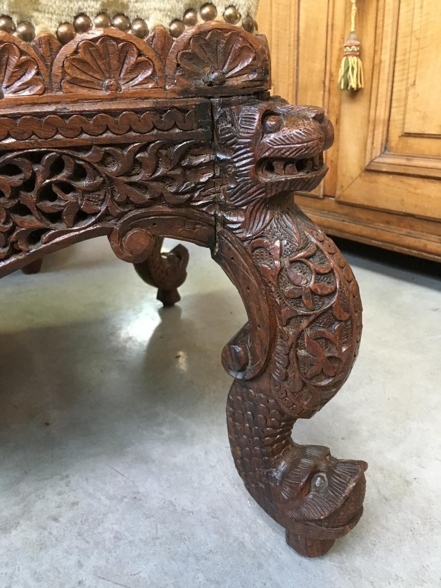 Large Burmese Stool In Carved Wood, 19th Century.-photo-4