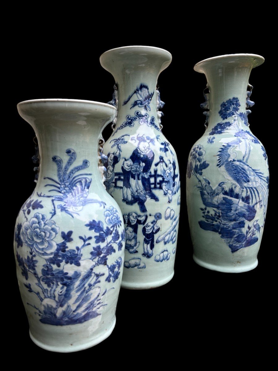 3 Vases En Porcelaine Céladon Asie Circa 1900