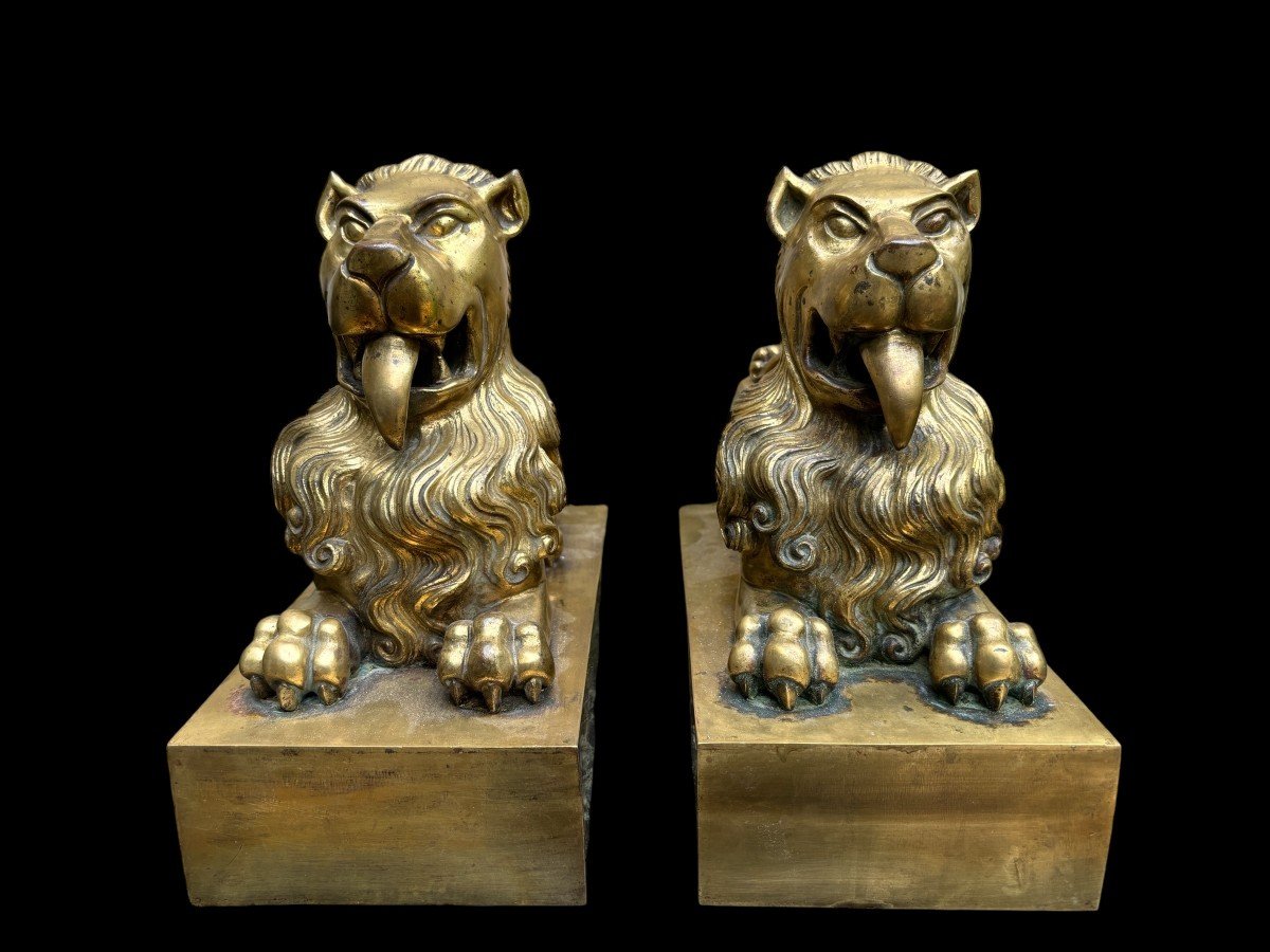 Pair Of  Bronze Lions On Pedestal Early 19th Century.-photo-1