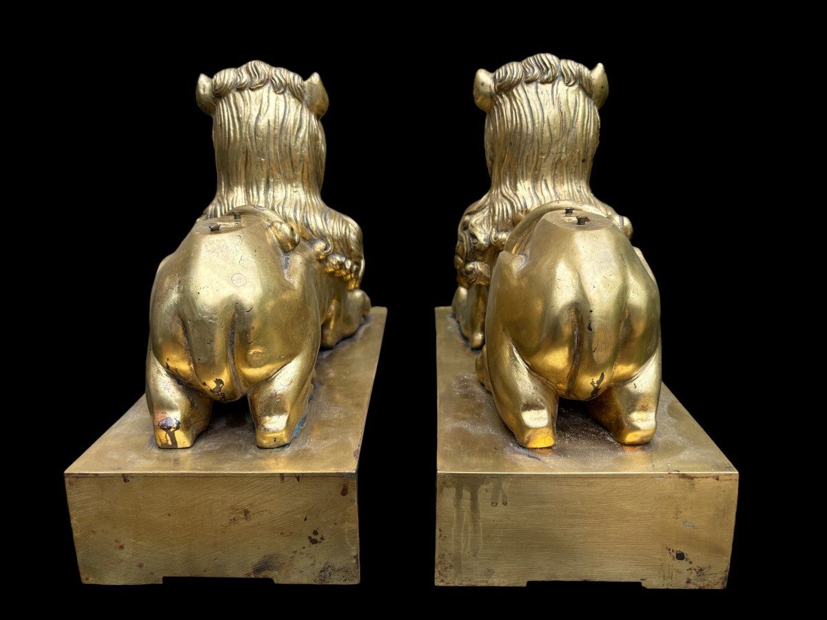 Pair Of  Bronze Lions On Pedestal Early 19th Century.-photo-2