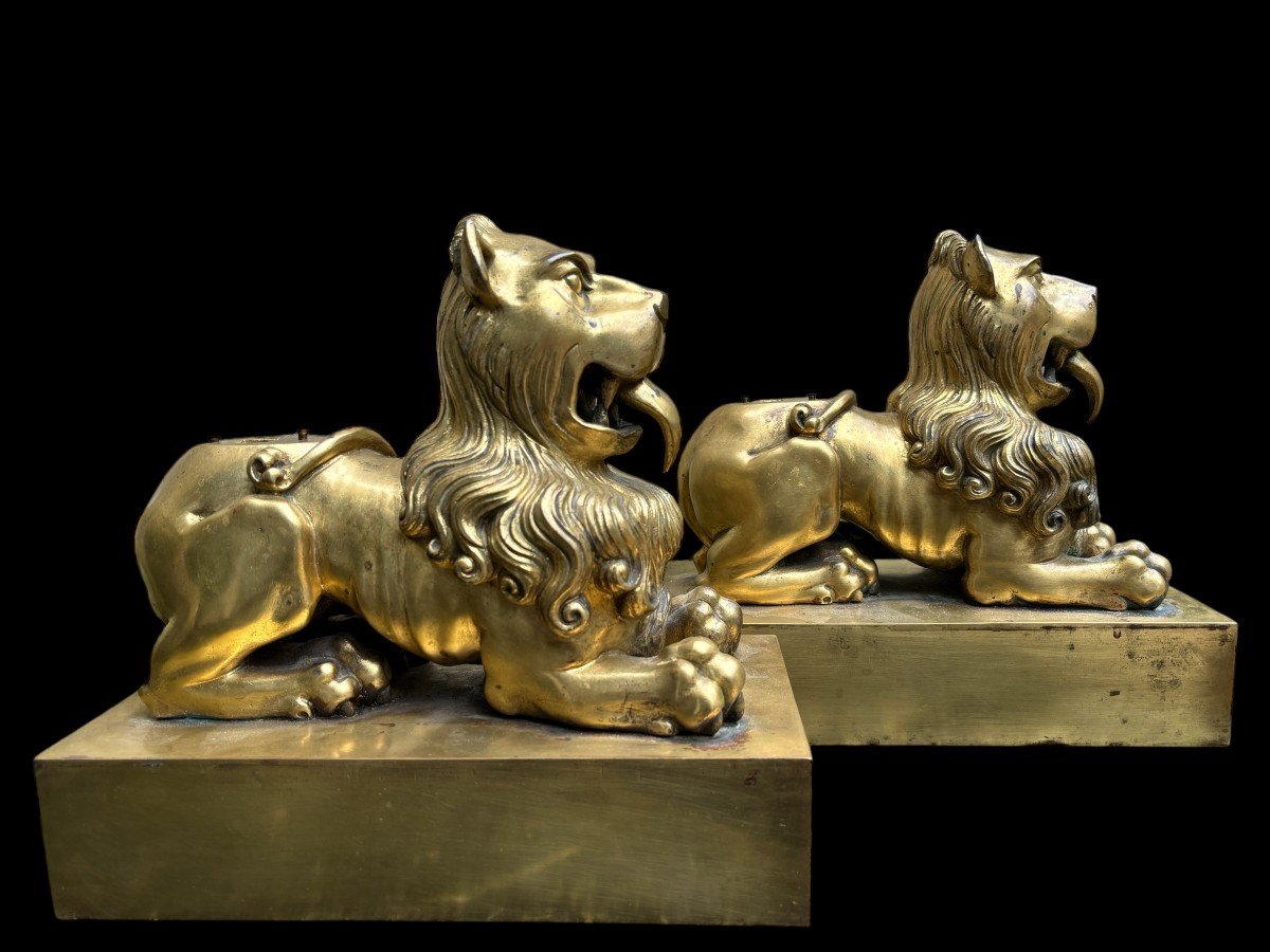 Pair Of  Bronze Lions On Pedestal Early 19th Century.-photo-4