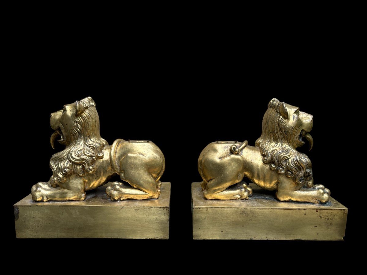 Pair Of  Bronze Lions On Pedestal Early 19th Century.-photo-5