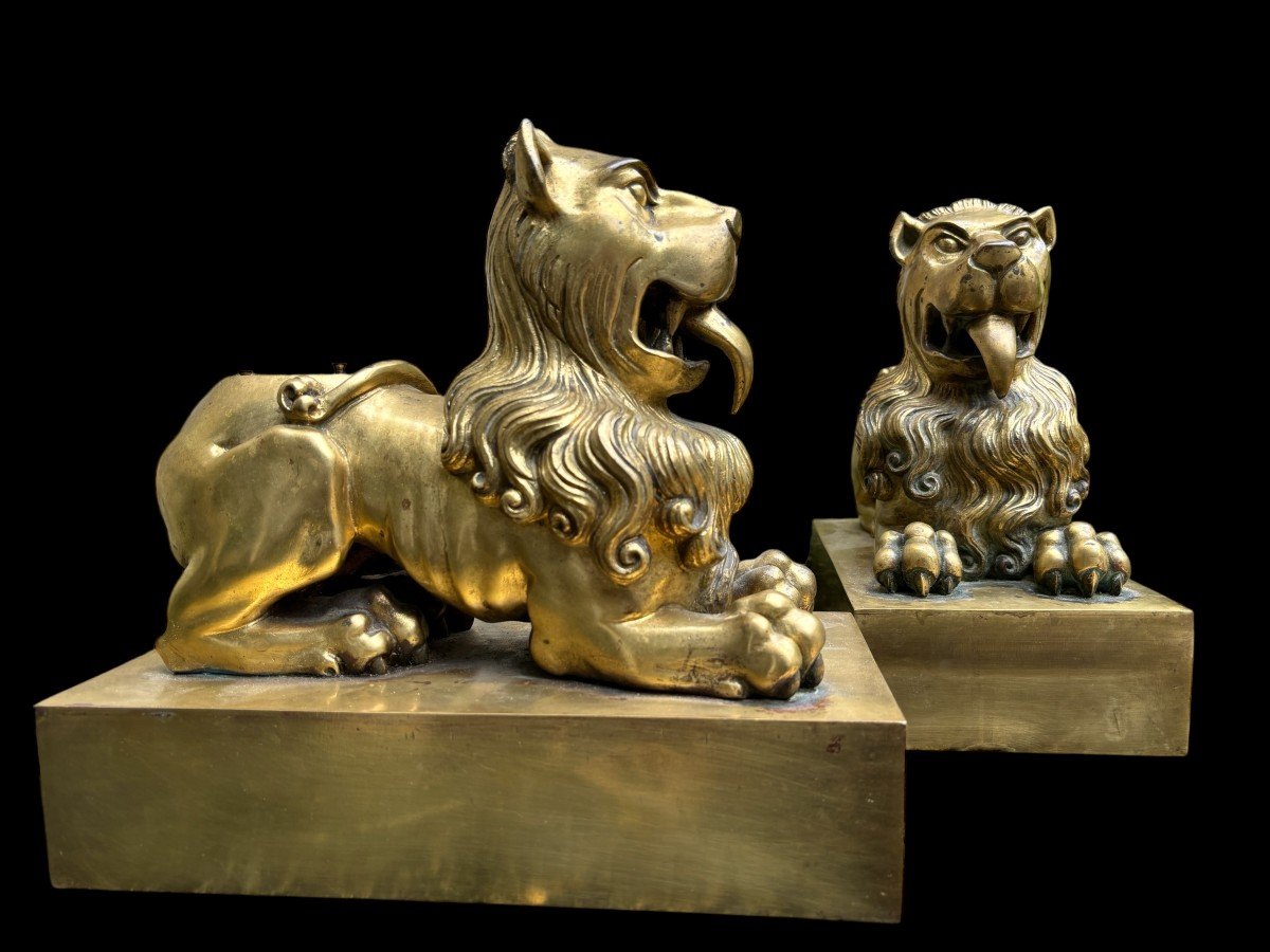 Pair Of  Bronze Lions On Pedestal Early 19th Century.