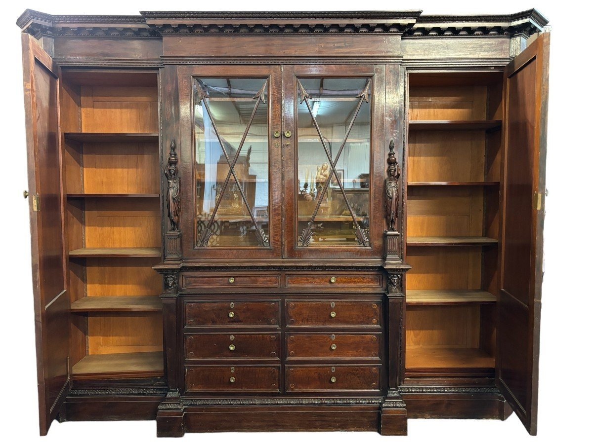 Rare, Large 19th Century Empire Style "breakfront" Mahogany Bookcase. (304 Cm)-photo-2