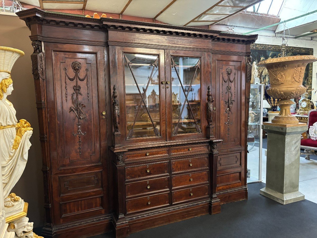 Rare, Large 19th Century Empire Style "breakfront" Mahogany Bookcase. (304 Cm)-photo-7