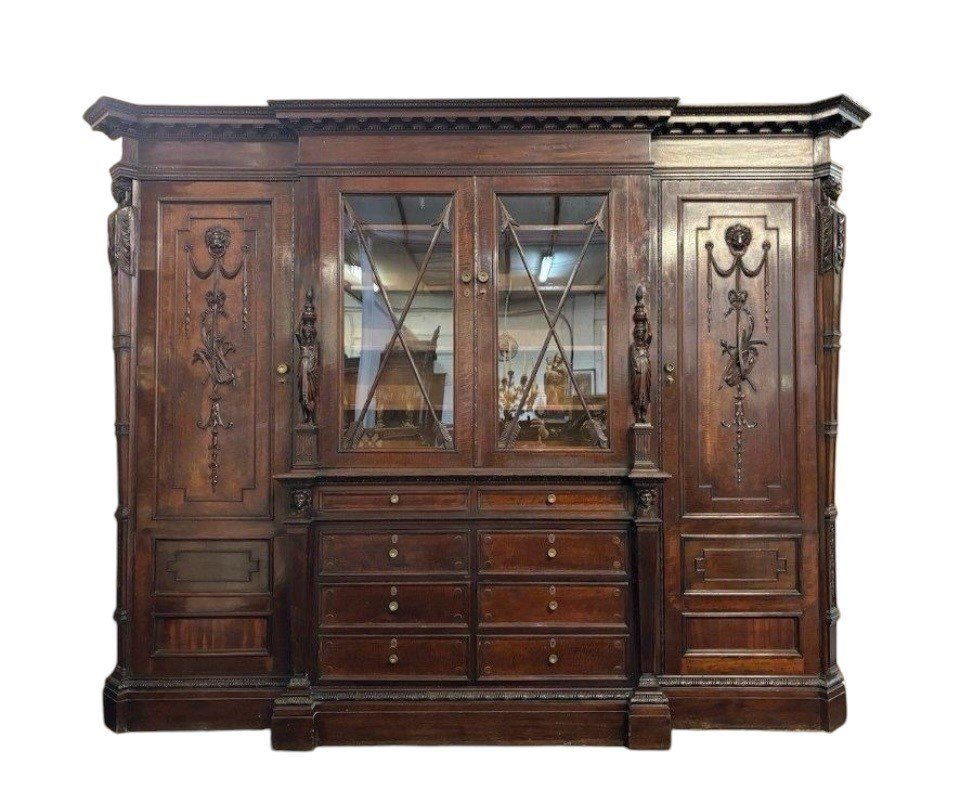 Rare, Large 19th Century Empire Style "breakfront" Mahogany Bookcase. (304 Cm)