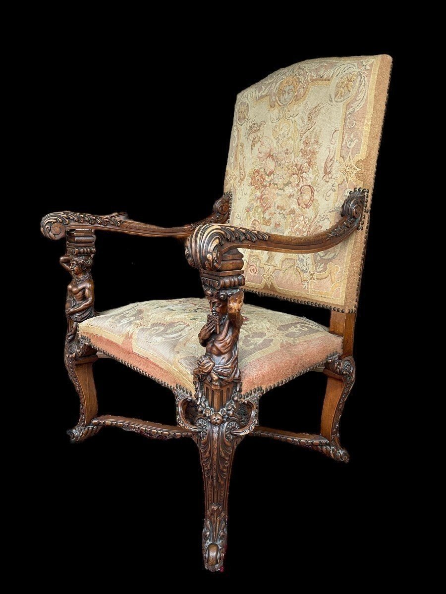 Large "2 Sculptures" Armchair In Walnut With Gobelain Fabric 19th Century.-photo-4