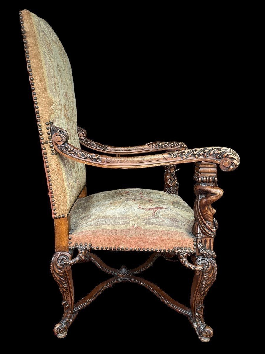 Large "2 Sculptures" Armchair In Walnut With Gobelain Fabric 19th Century.-photo-1