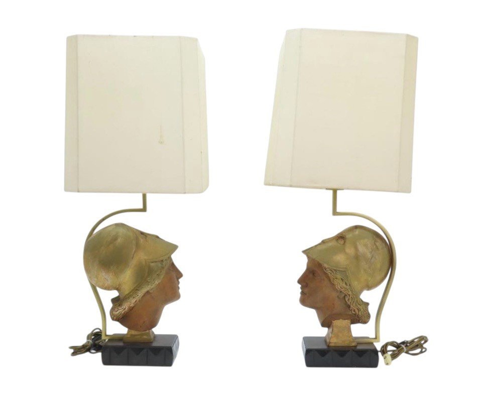 Pair Of Decorative Wooden “head Of Athena” Floor Lamps, 20th Century.-photo-2