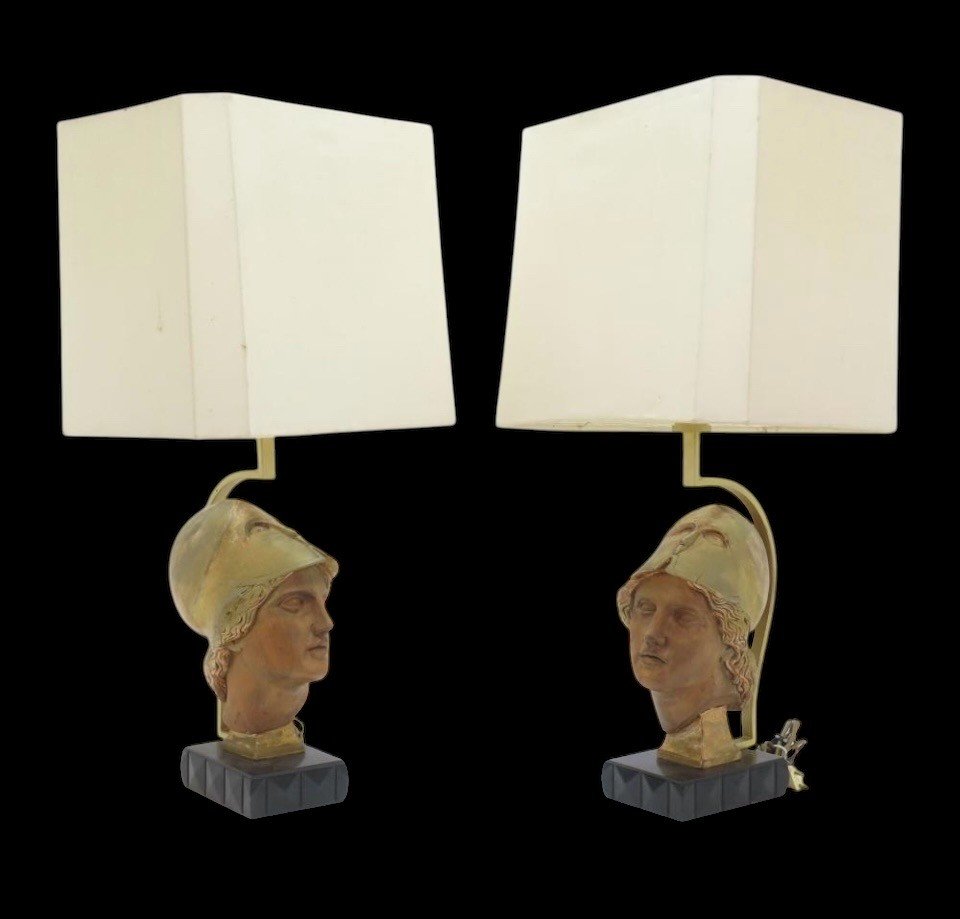 Pair Of Decorative Wooden “head Of Athena” Floor Lamps, 20th Century.-photo-1