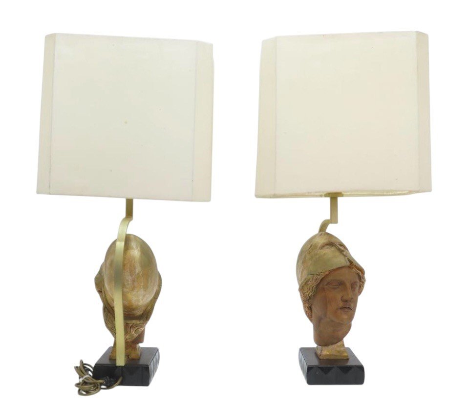 Pair Of Decorative Wooden “head Of Athena” Floor Lamps, 20th Century.-photo-3