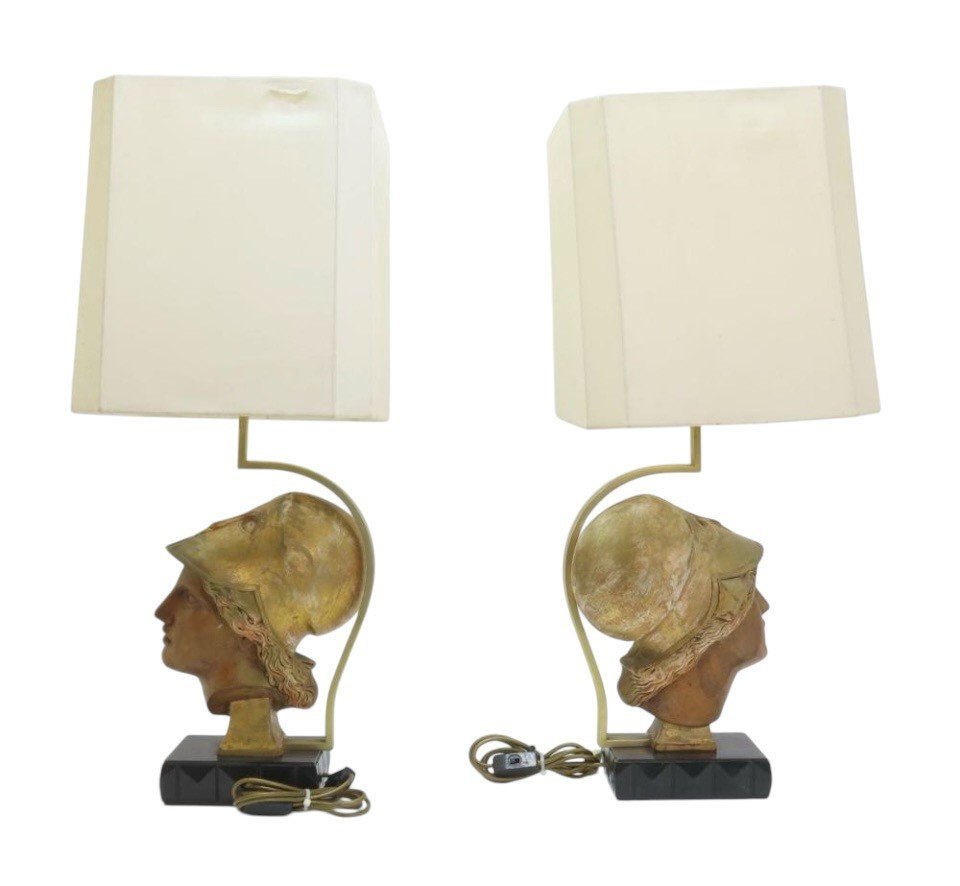 Pair Of Decorative Wooden “head Of Athena” Floor Lamps, 20th Century.-photo-4