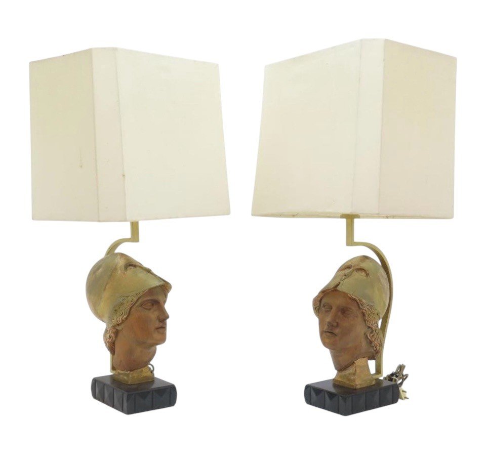 Pair Of Decorative Wooden “head Of Athena” Floor Lamps, 20th Century.