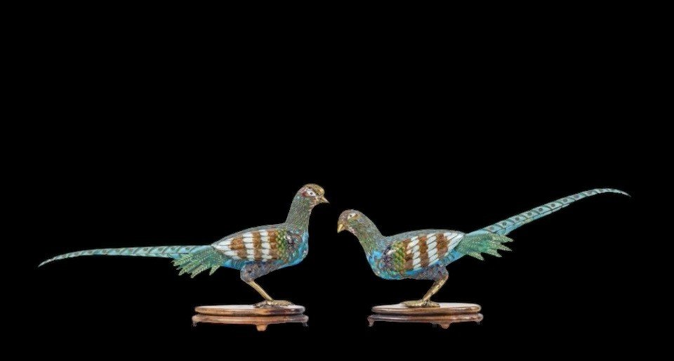 Pair Of Pheasants In Finely Worked Cloisonné Enamel , 20thc.-photo-2