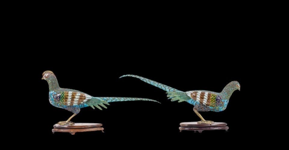 Pair Of Pheasants In Finely Worked Cloisonné Enamel , 20thc.-photo-3