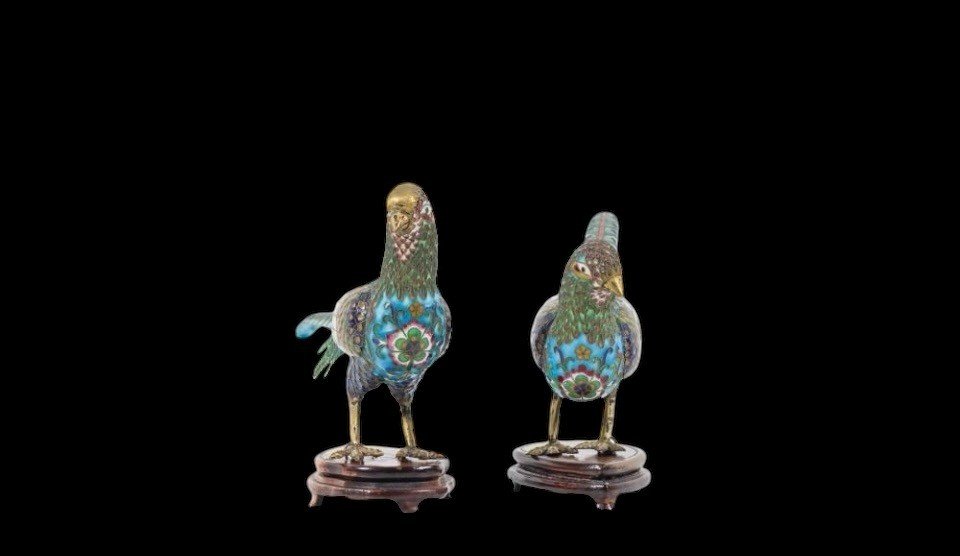 Pair Of Pheasants In Finely Worked Cloisonné Enamel , 20thc.-photo-4