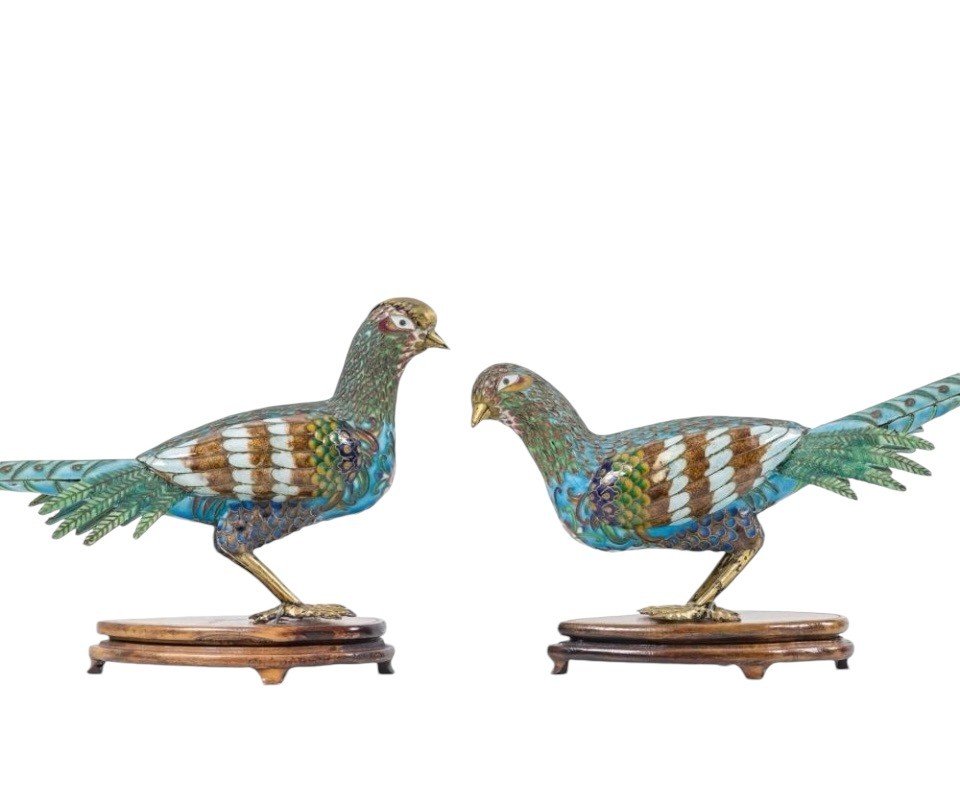 Pair Of Pheasants In Finely Worked Cloisonné Enamel , 20thc.-photo-1