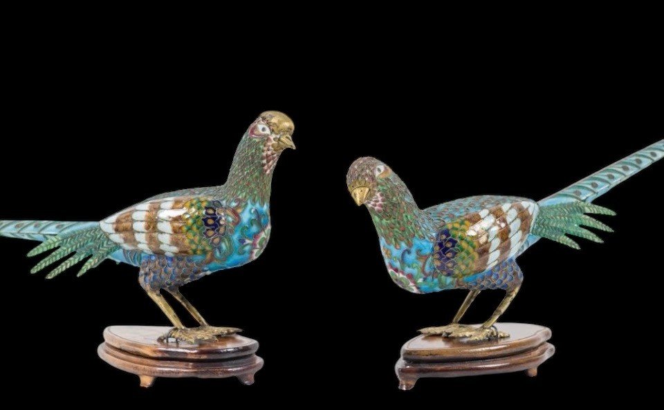 Pair Of Pheasants In Finely Worked Cloisonné Enamel , 20thc.-photo-2